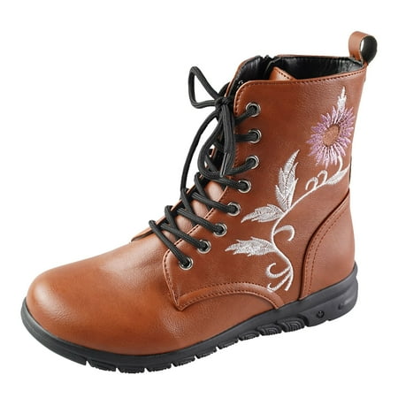 

PMUYBHF Embroidered Printed High Top Boots for Women s Oversized Round Headed Boots Autumn And Winter New Flat Bottom Lace up Short Boots 35.98