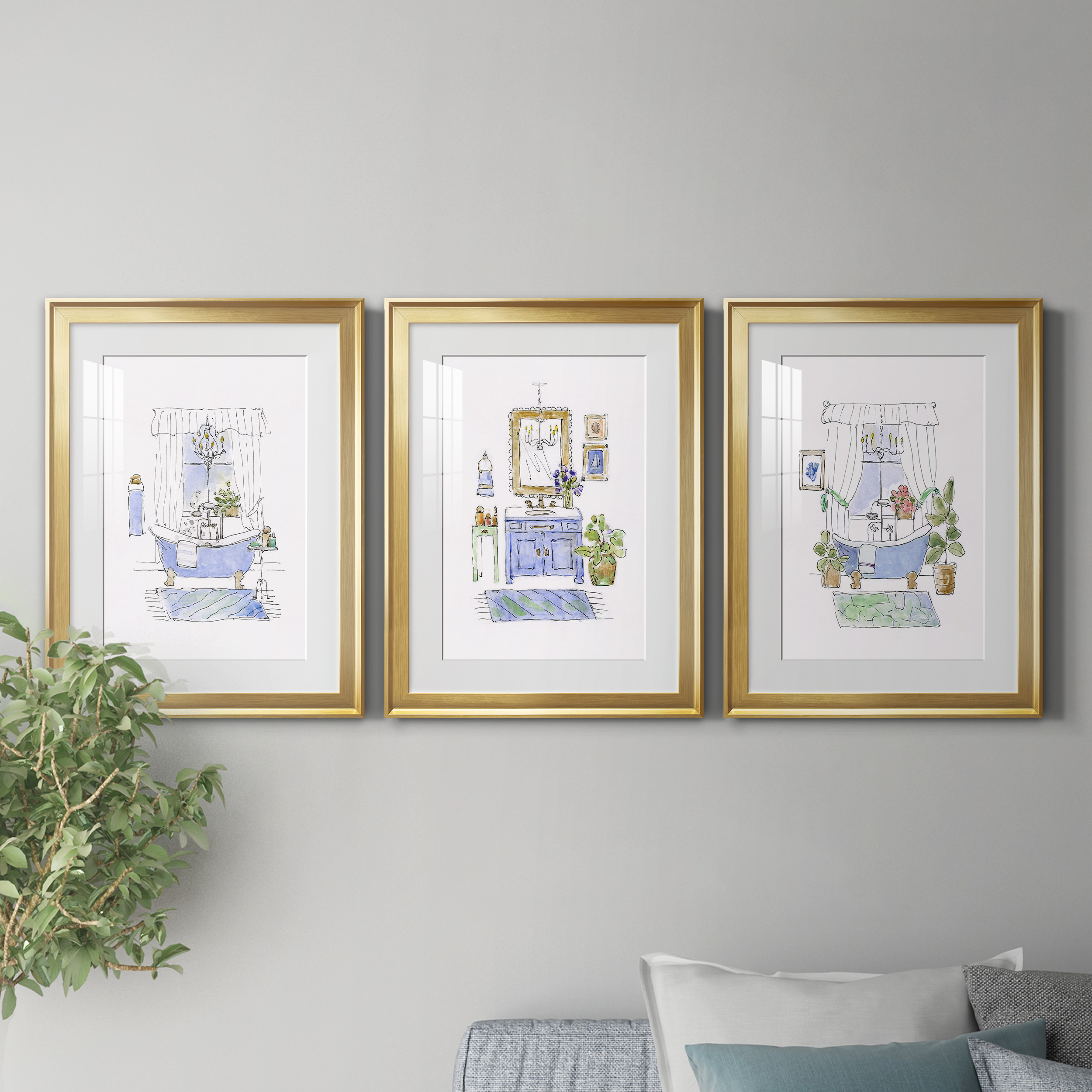 Sketchy Bath I Premium Framed Prints Set of 3 - Ready to Hang - 22 x 30 Each - Gold Frame