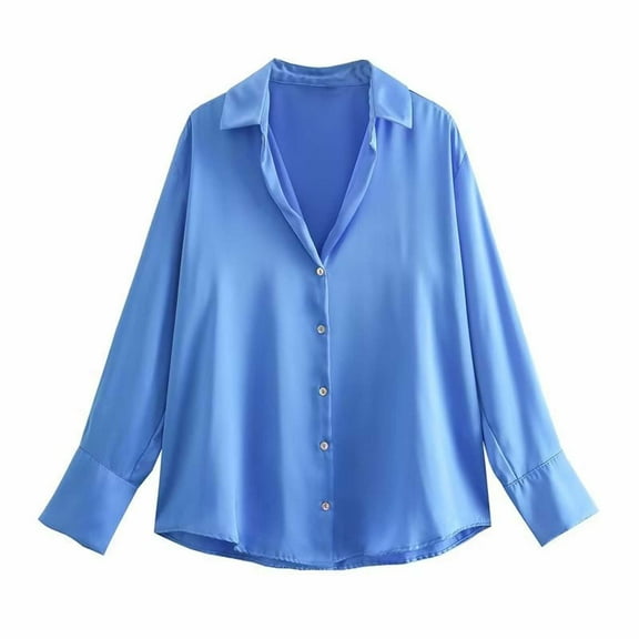 Olyvenn Women's Satin Silk Long Sleeve Button Down Shirts Loose Fit Blouse Tops Office Work Blouses Oversized Tunic Dress Shirts Blue 6
