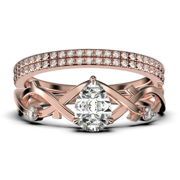 Boho & hippie 2.10 Carat Pear Cut Diamond Moissanite Unique Engagement Ring, Wedding Ring, Inspired And Branch Ring in 925 Sterling Silver With 18k Rose Gold Plating, Trio Ring Set