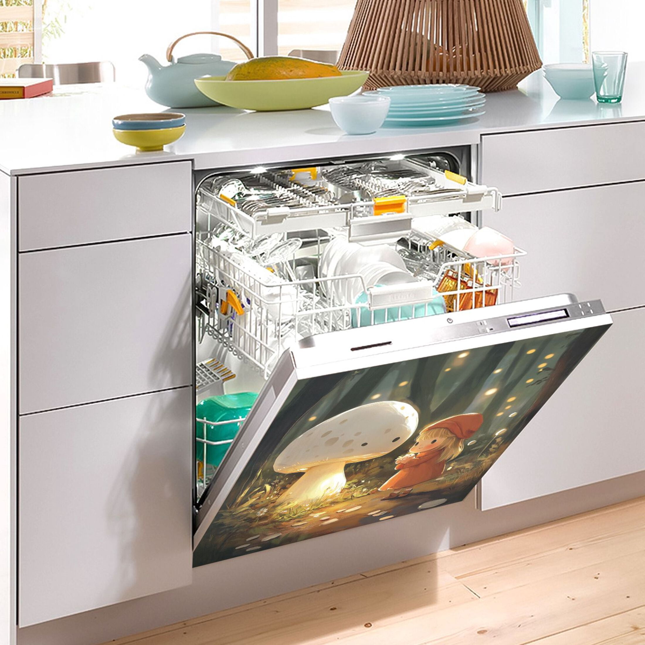 Dishwasher Magnetic Sticker 23x26 Inch Refrigerator Magnetic Sticker Washing Machine Magnetic Sticker Kitchen Panel Magnetic Sticker Home Decor Cartoon Beautiful White Mushrooms