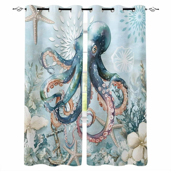 Fsddascl Coastal Octopus Blackout Curtains for Bedroom/Living Room, Thermal Insulated Kitchen Curtains, Summer Beach Vintage Ocean Coral Grommet Darkening Window Treatment Drapes 52"x45"x2