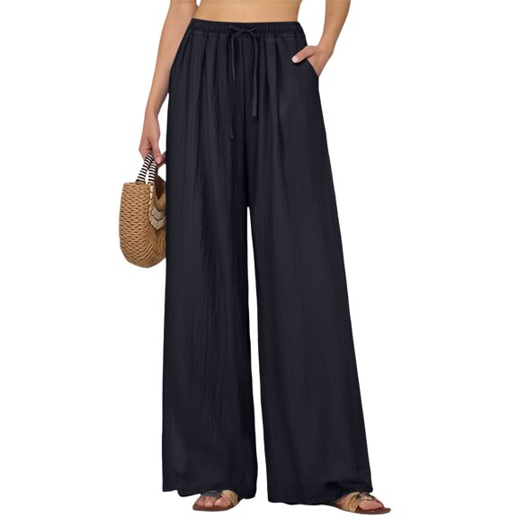 Stichou Women's Linen Pants Summer Flowy High Waisted Wide Leg Pants Drawstring Palazzo Pant Lightweight Travel Beach Pant Black XL