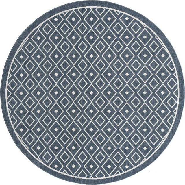 Unique Loom Tapis d'Extérieur Treillis Tissé à Plat 7 Pieds x 7 Pieds Rond Bleu Marine/ivoire