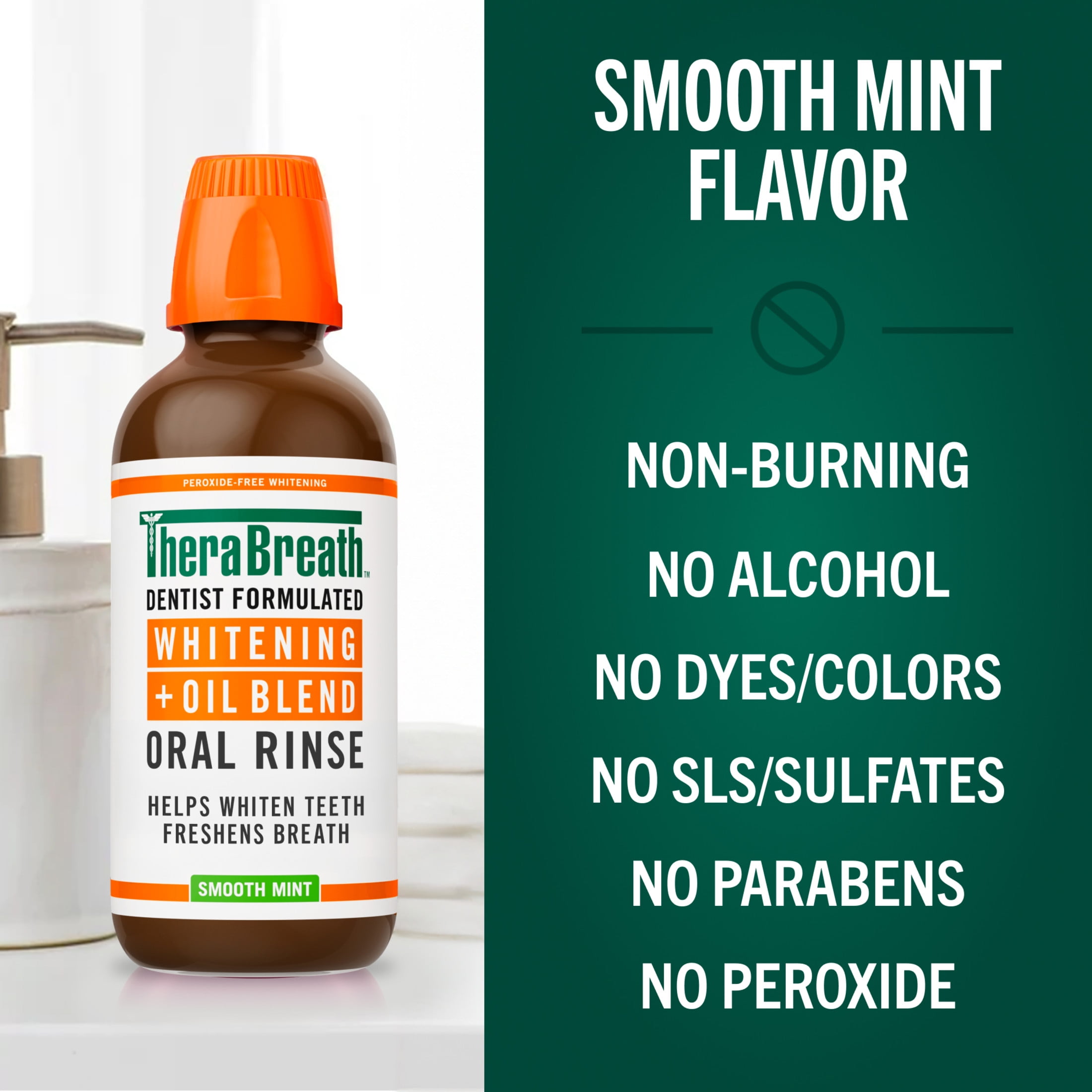 TheraBreath Whitening + Oil Blend Oral Rinse, Alcohol-Free Mouthwash, Smooth Mint, 10 Fl Oz