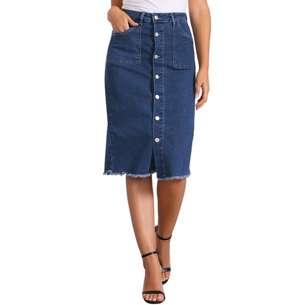 Falda de mezclilla casual para mujeres INSPIRE CHIC, con botón hacia abajo, cintura alta, dobladillo deshilachado, falda midi de mezclilla XL azul oscuro
