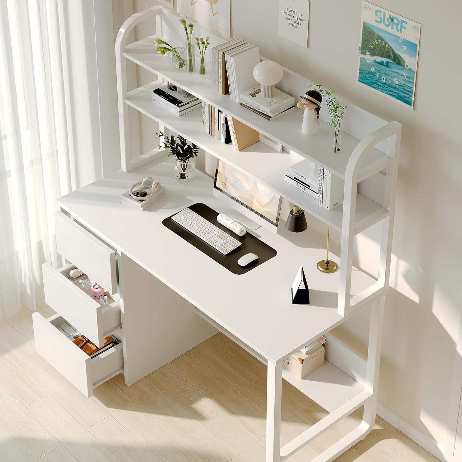 DreamCurship Computer Desk with Hutch, Home Office Desk with Drawers and Shelves, Wood Writing Study Desk, White