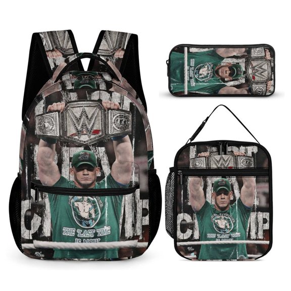 3-PieceW-W-E John Cena Large Capacity Anime Backpack with Lunch Bag & Pen Case | Casual Schoolbag for Travel, Outdoor, Fashion Daypack