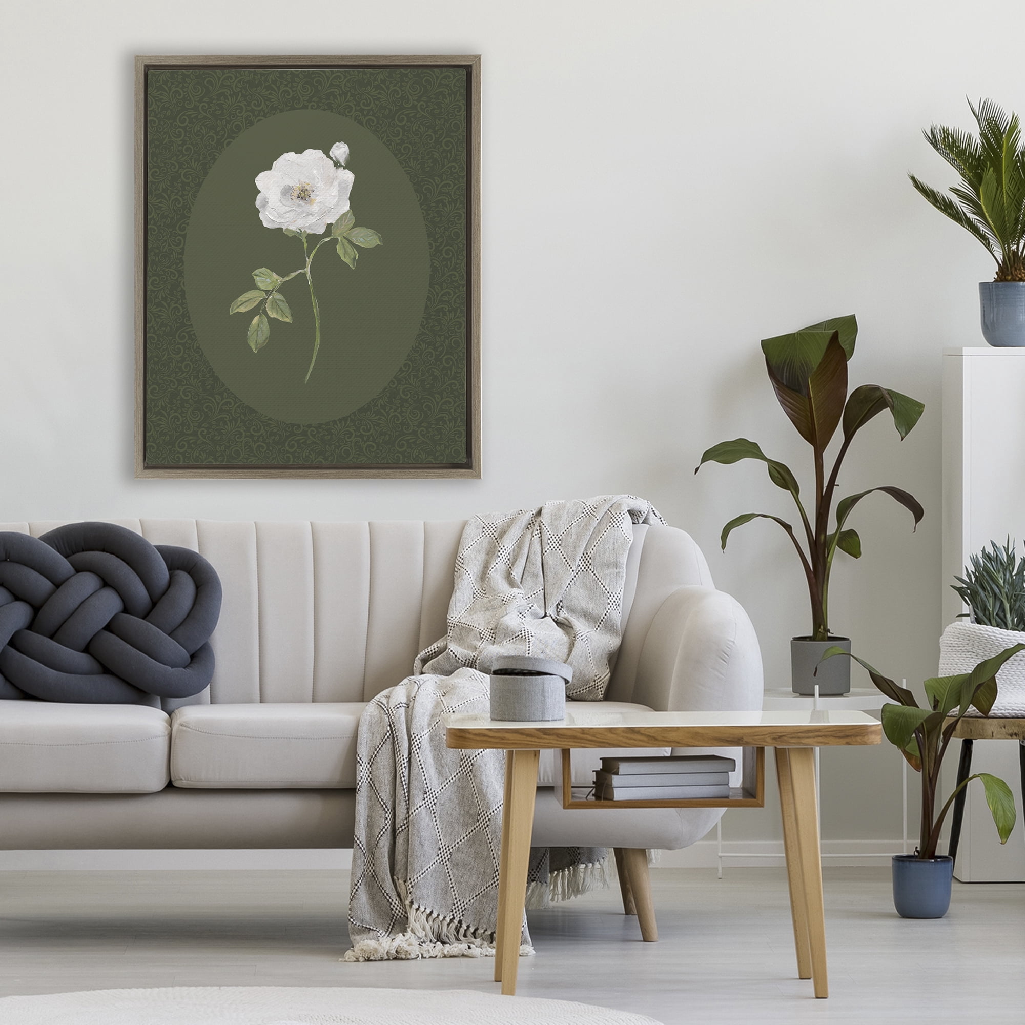 Stupell Industries Emerald & White Oval Rose Brown Framed Floater Canvas Wall Art, design by Sally Swatland