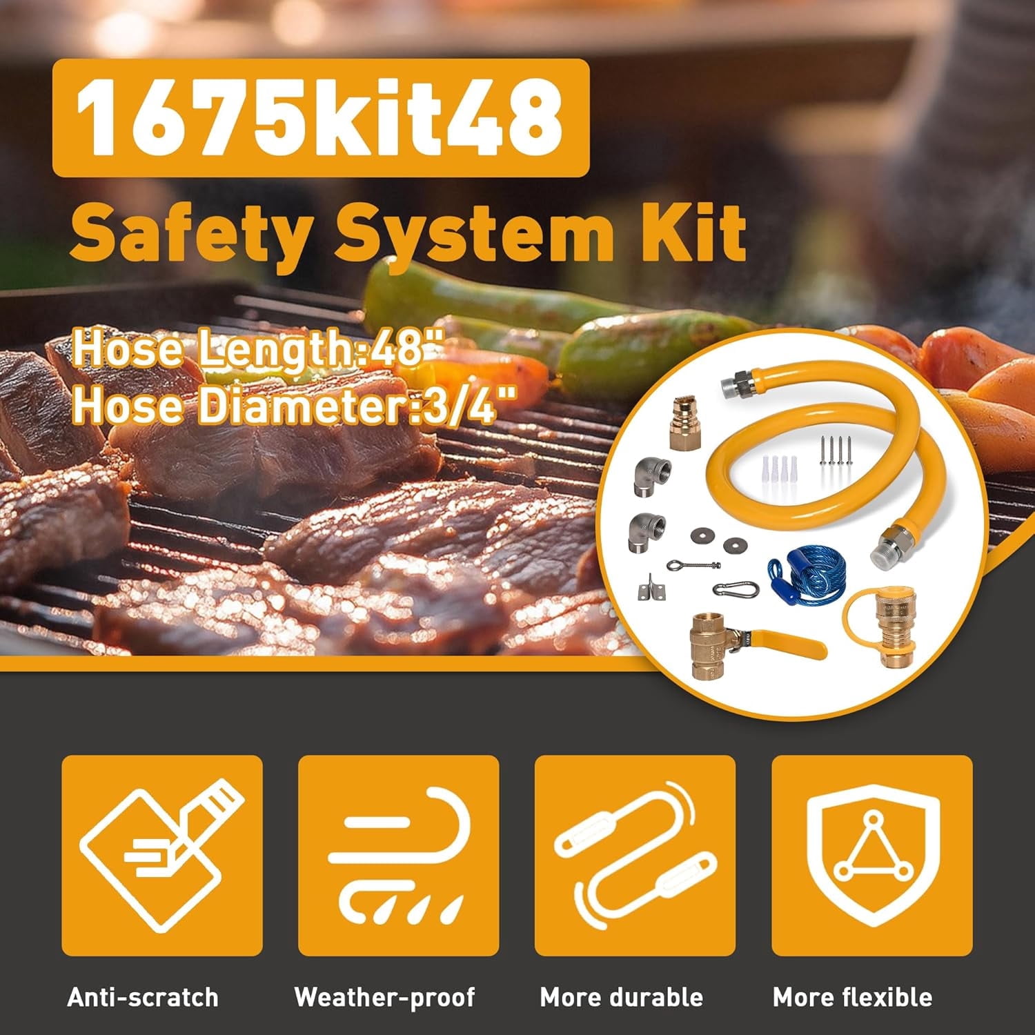 48in Commercial Kitchen Gas line Hose, 1675kit48 Safety System Kit, 3/4" Natural Gas Line Hose