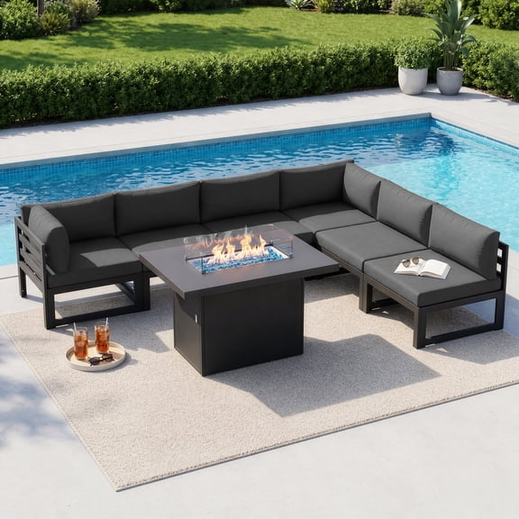RADIATA Patio Aluminum Furniture Set with Fire Pit Table and Oversized 29" Seats, 7 Pieces Outdoor Sectional Conversation Sofa Set for Backyard, Poolside, 500 lb/Seat, Gray & Dark Gray