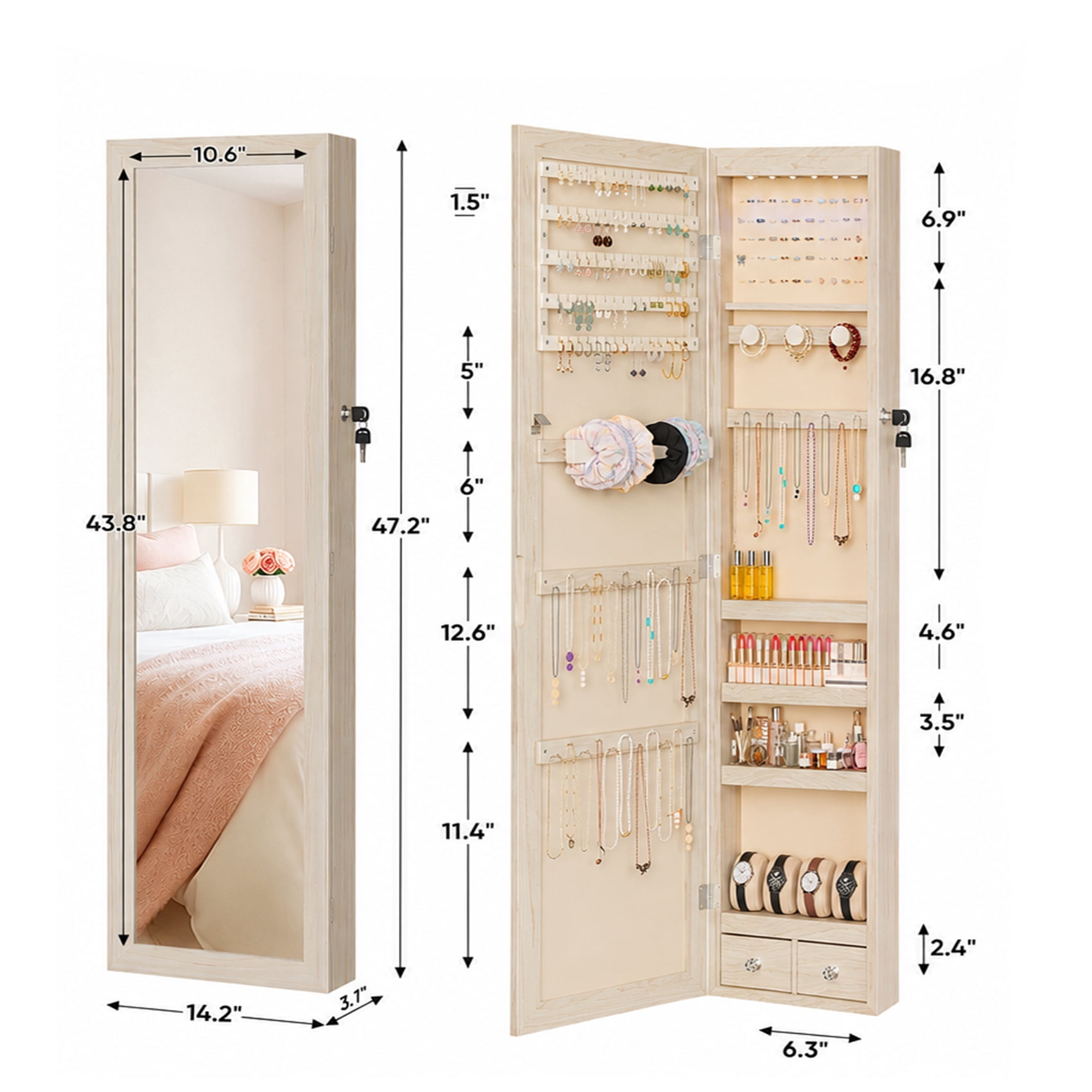 Alvantor Jewelry Organizers and Storage, 47.2-Inch Tall Lockable Wall or Door Mounted Jewelry Armoire Organizer with Mirror, 2 Drawers, 6 LEDs Mirror Jewelry Cabinet