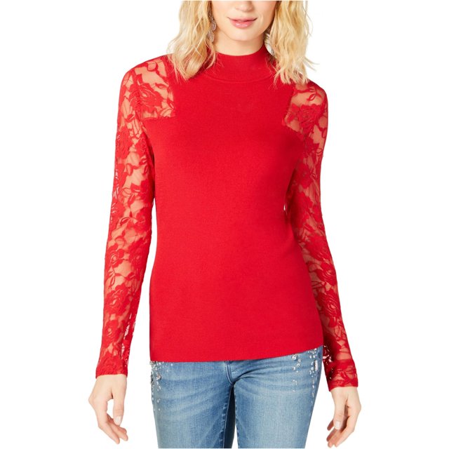 INC Suéter con mangas de encaje para mujer, rojo, mediano I-N-C Pull-over