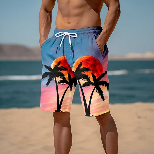 Short de Plage pour Hommes avec Imprimé 3D Coucher de Soleil Cocotier Décontracté