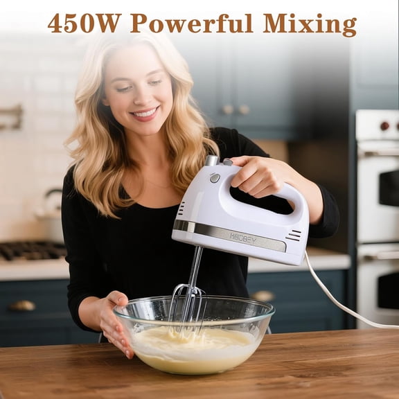 450W Electric Hand Mixer, 5-Speed Handheld Mixer with Storage Case, Turbo & Eject Button, Includes 2 Beaters Dough Hooks for Baking, Cake, Egg, Cream (White)
