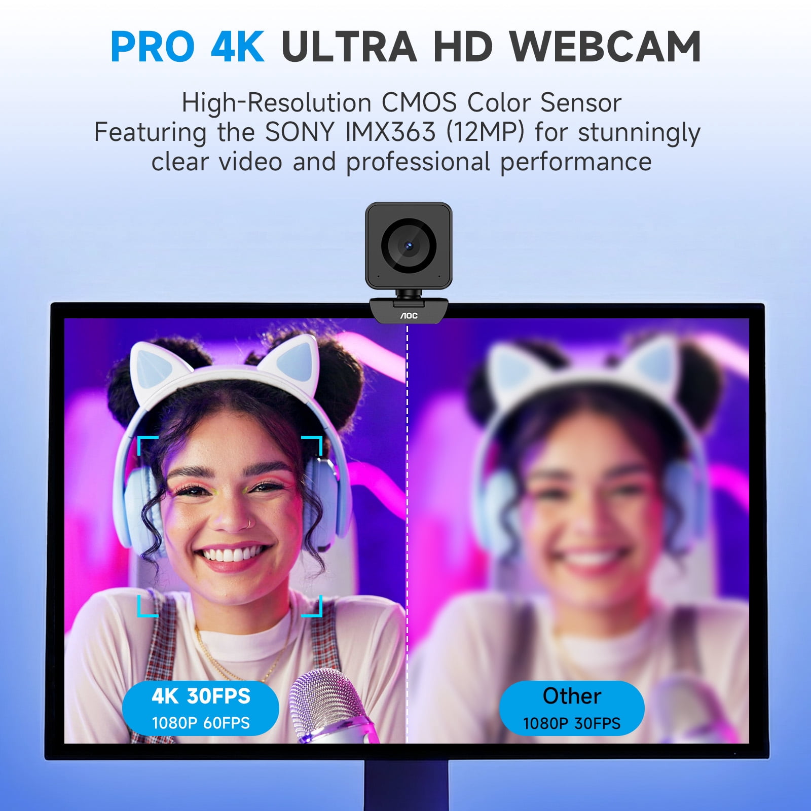 AOC 4K UHD Webcam for PC, Laptop, Mac, USB Streaming Camera with PDAF Autofocus,Auto Light Correction, 75° FOV, Privacy Cover for Video Conferencing, Zoom, Teams