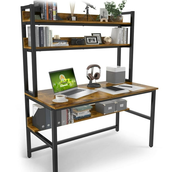 Aquzee Computer Desk with Hutch, 47in Wide Desk with Shelves, Tall Home Office Desk with Bookshelf, Metal Legs Study Table with Upper Shelves