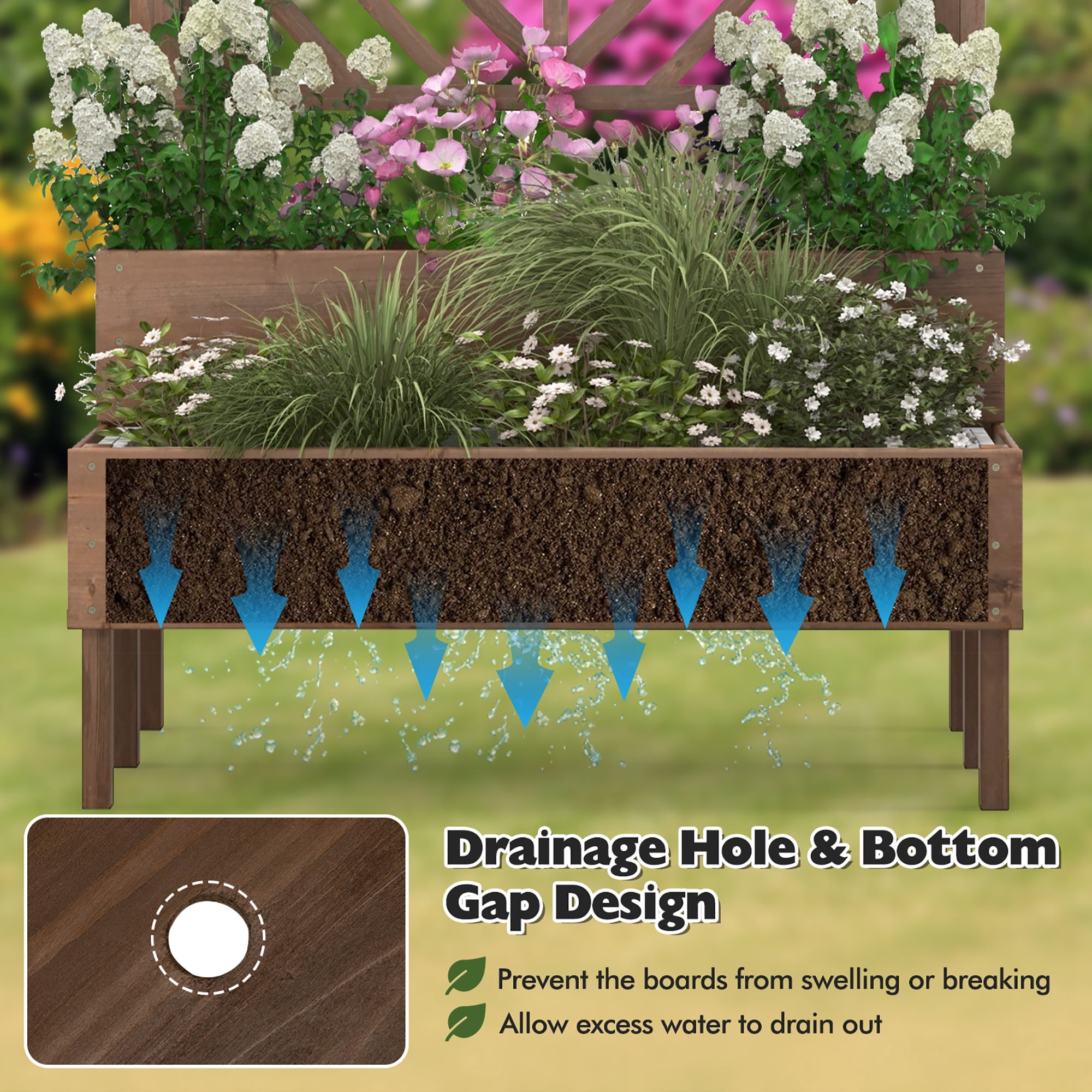 Costway 2-Tier Raised Garden Bed with Trellis Wooden Elevated Planter Box for Vegetables