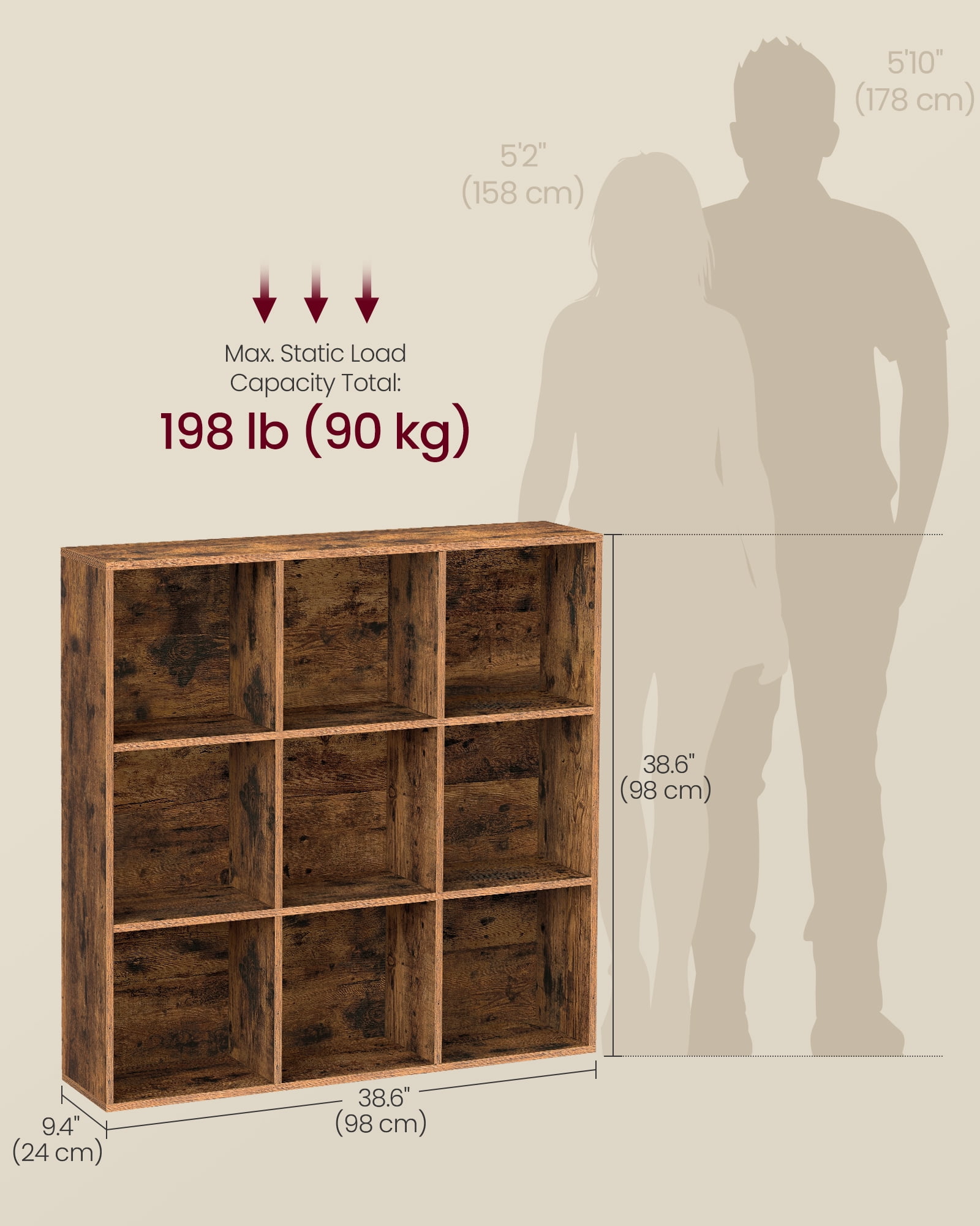 9-Cube Storage Shelf, 38.6 Inch Organizer Bookcase with 9 Compartments & Anti-Tip Kit, Square Storage Unit for Living Room Home Office, Rustic Brown