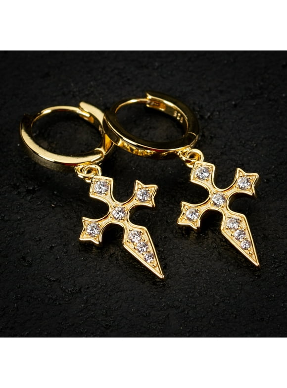 Mens Gold Dangle Cross Earrings