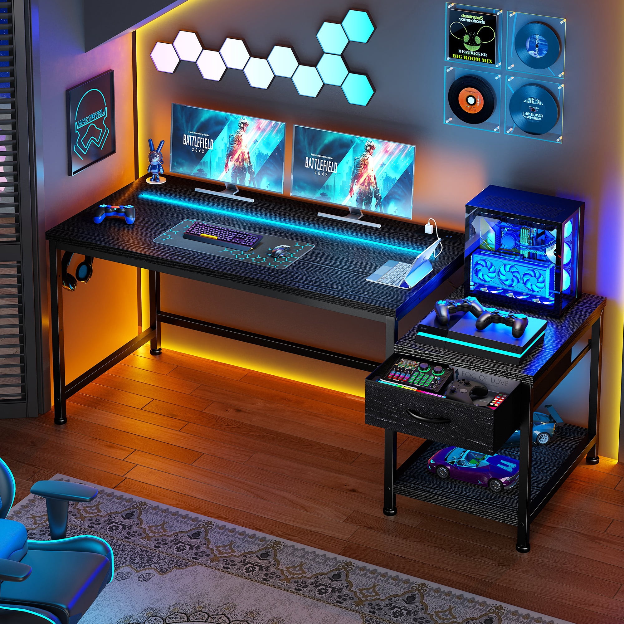 Romorgniz 48"W Gaming Desk with LED Lights & Power Outlets, Computer Desk with Fabric Drawer & Printer Shelf, Small Space Desk for Home Office, Dorm, Bedroom, Black