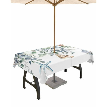 

Lsrtoss Outdoor Tablecloth with Umbrella Hole & Zipper Coastal Rectangle Tablecloth 54x80 Inch Eucalyptus Leaves Summer Beach Starfish Patio Table Cover Waterproof Table Cloth for Picnic/Party
