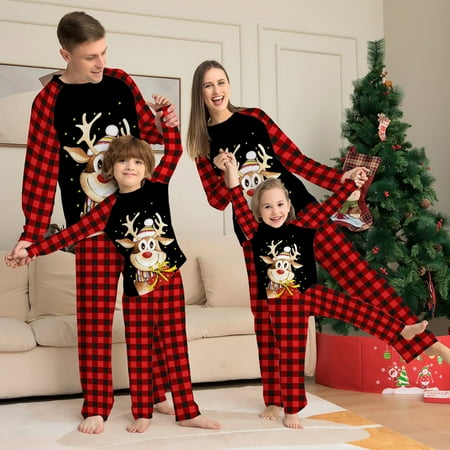 

LINMOUA Ladies Christmas Parent-Child Suit Round Neck Long Sleeve Plaid Christmas Homewear Suit Black