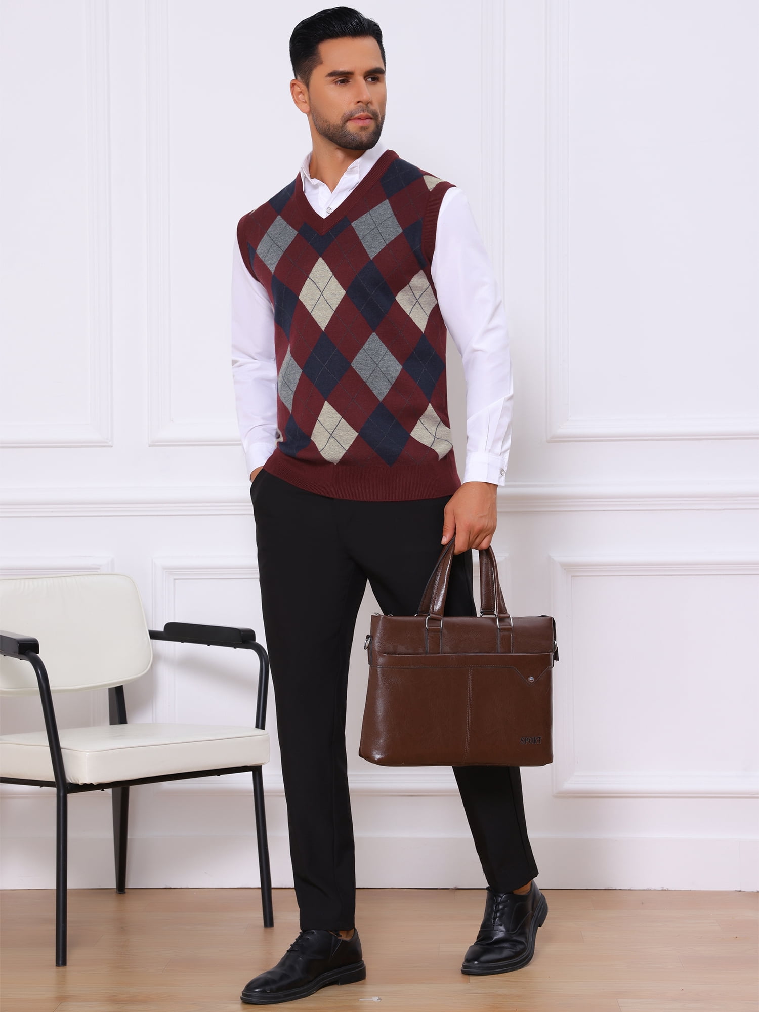 DARING DIVA Men's Casual Knit Sleeveless V-Neck Plaid Argyle Sweater Vest L Burgundy