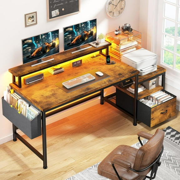 Computer Desk with Power Outlets and LED Lights,57" Home Office Desks with Drawers and Printer Space,Office Desk with File Drawers Cabinet,Gaming Table with Shelves Monitor Stand,Rustic Brown