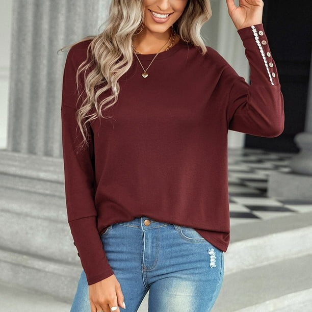 Top de mujer con cuello redondo y mangas largas con hombros caidos jersey de corte informal a la moda para mujer rojo vino M Bodega Aurrera en linea