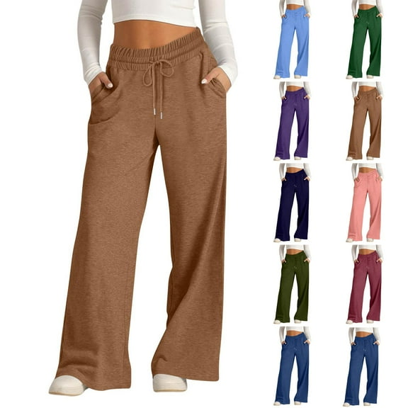 WULMLEO Wide Leg Sweatpants for Women Fleece Lined Baggy Sweat Pants Comfy Airport Travel Outfits Athletic Joggers Light Brown S