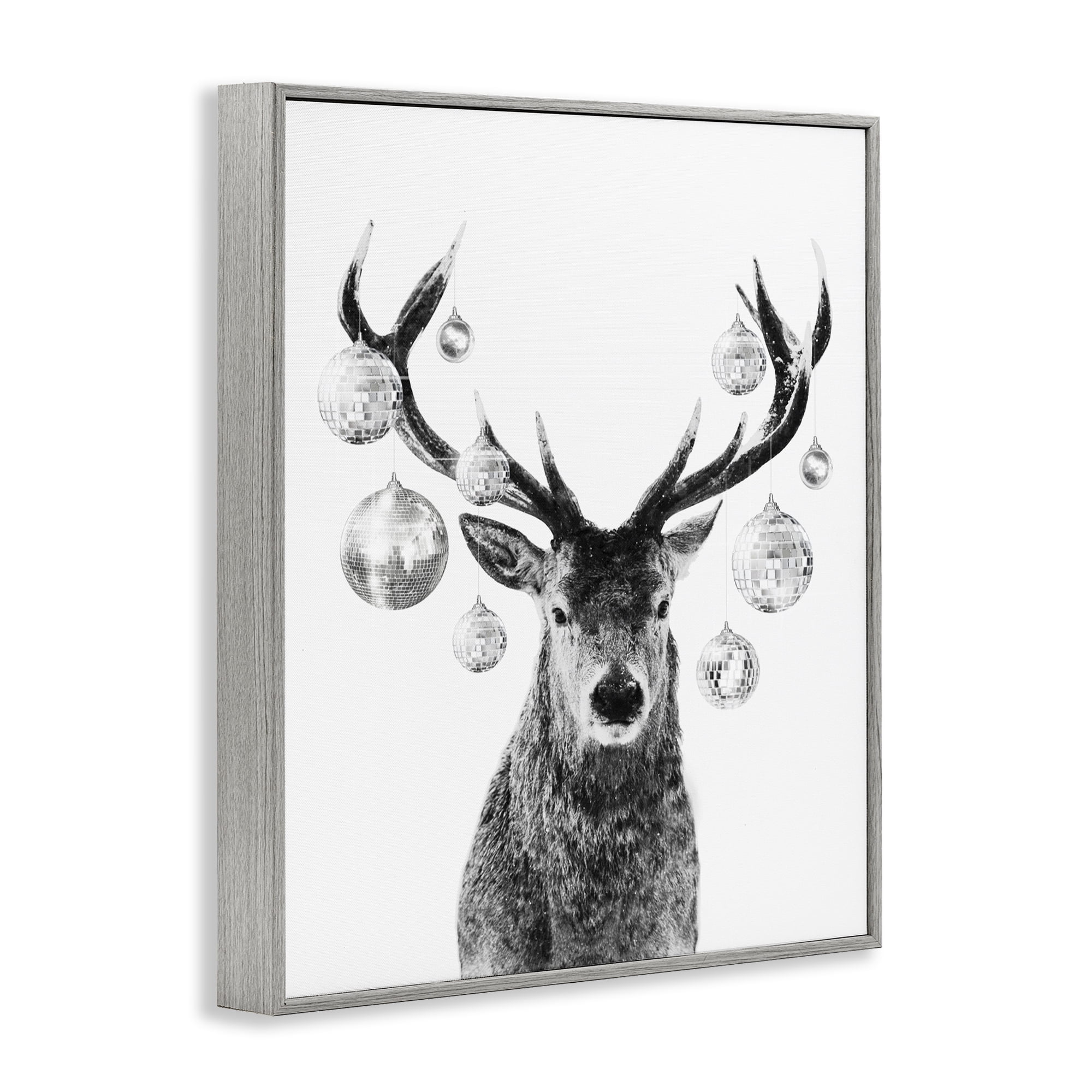 Stupell Industries Deer with Disco Balls Animals & Insects Painting Gray Framed Art Print Wall Art, 16 x 20