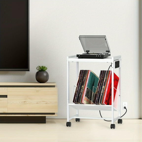 White Rolling Turntable Stand with Power Outlet, Mobile Vinyl Record Storage Cart with Swivel Casters