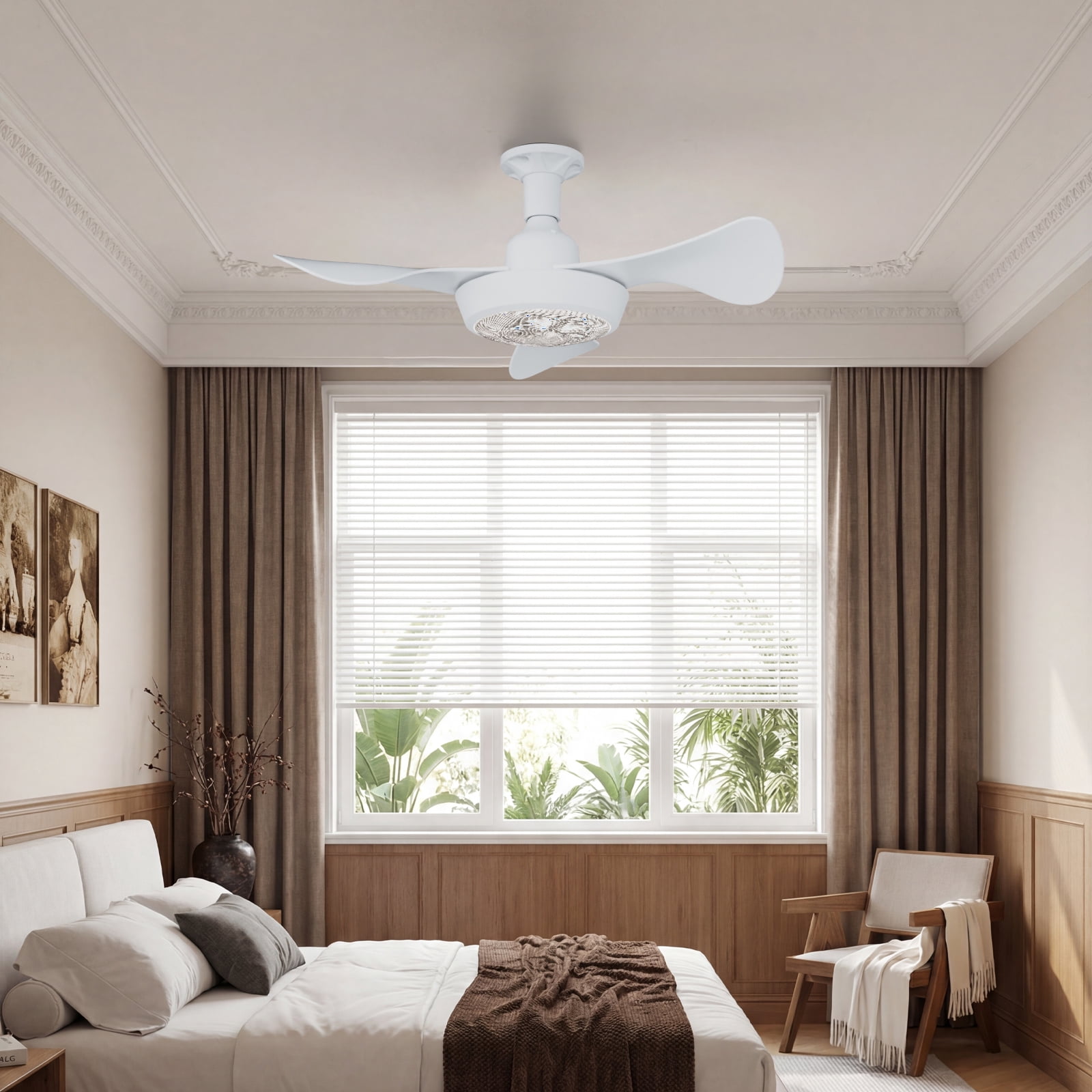 Faryuan 25" Minimalist White Ceiling Fan with LED Light, Remote Controlled Flush Mount, 3-Color Changeable, Quiet 3-Speed Fan