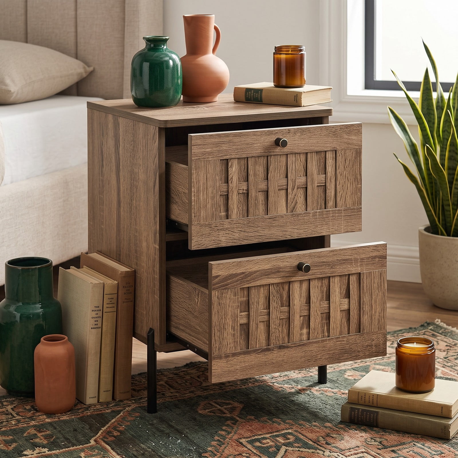 Furnibear Mid Century Modern Nightstand End Table with 2 Storage Drawers and Metal Legs for Bedroom Living Room, Rustic Oak