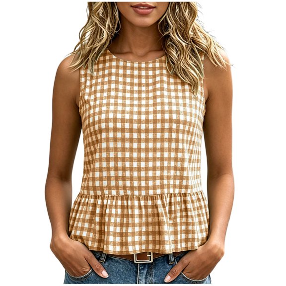 QGJZVUNL Women Gingham Sleeveless Shirts Crewneck Tank Tops Business Casual Outfits Baggy Vest Top Size L