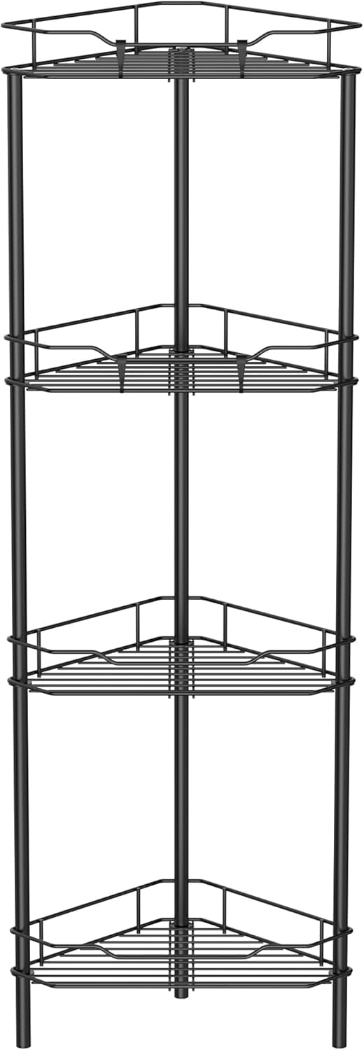 4-Tier Floor Standing Corner Shower Caddy Organizer Shelf with Hooks, Bathroom Shelves Stand Rack, Black