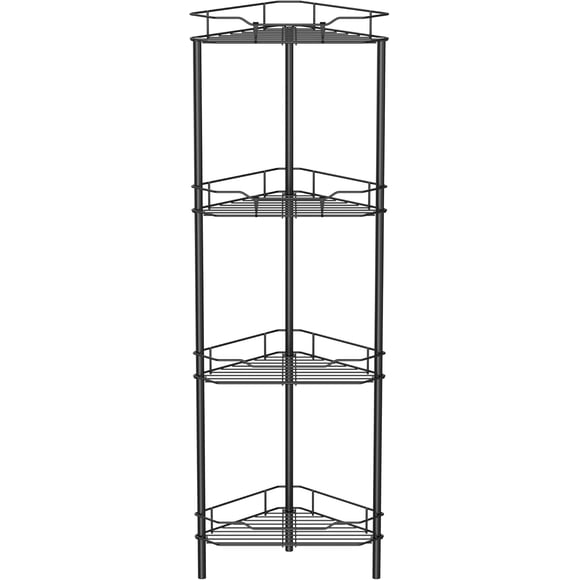HuggieGems 4 Tier Floor Standing Corner Shower Caddy Organizer Shelf with Hooks, Bathroom Shelves Stand Rack, Black