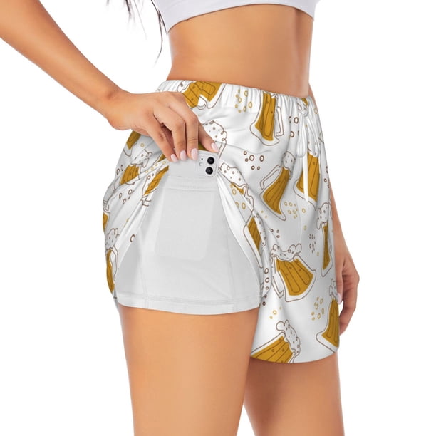 Balery Beer Pantalones cortos deportivos para mujer con forro y dos bolsillos, elásticos, para entrenamiento, gimnasio, yoga-Medium
