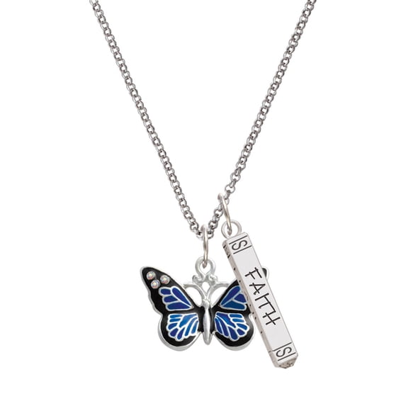 Delight Jewelry Silvertone Large Blue Butterfly with 6 AB Crystals Silvertone Believe Faith Prayer Hope Bar Charm Necklace, 23"