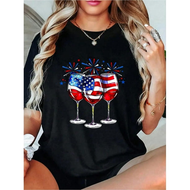 4th Of July Wine Glasses Patriotic Red White Blue USA Flag T-Shirt Soft 100% Cotton Short Sleeve, Summer Outdoor Essential For Men Women - Perfect For Daily Wear, Hiking, And Travel