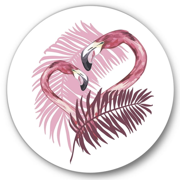 Designart 'Pink Flamingo In Tropical Summer II' Tropical Circle Metal Wall Art 36x36 - Disc of 36