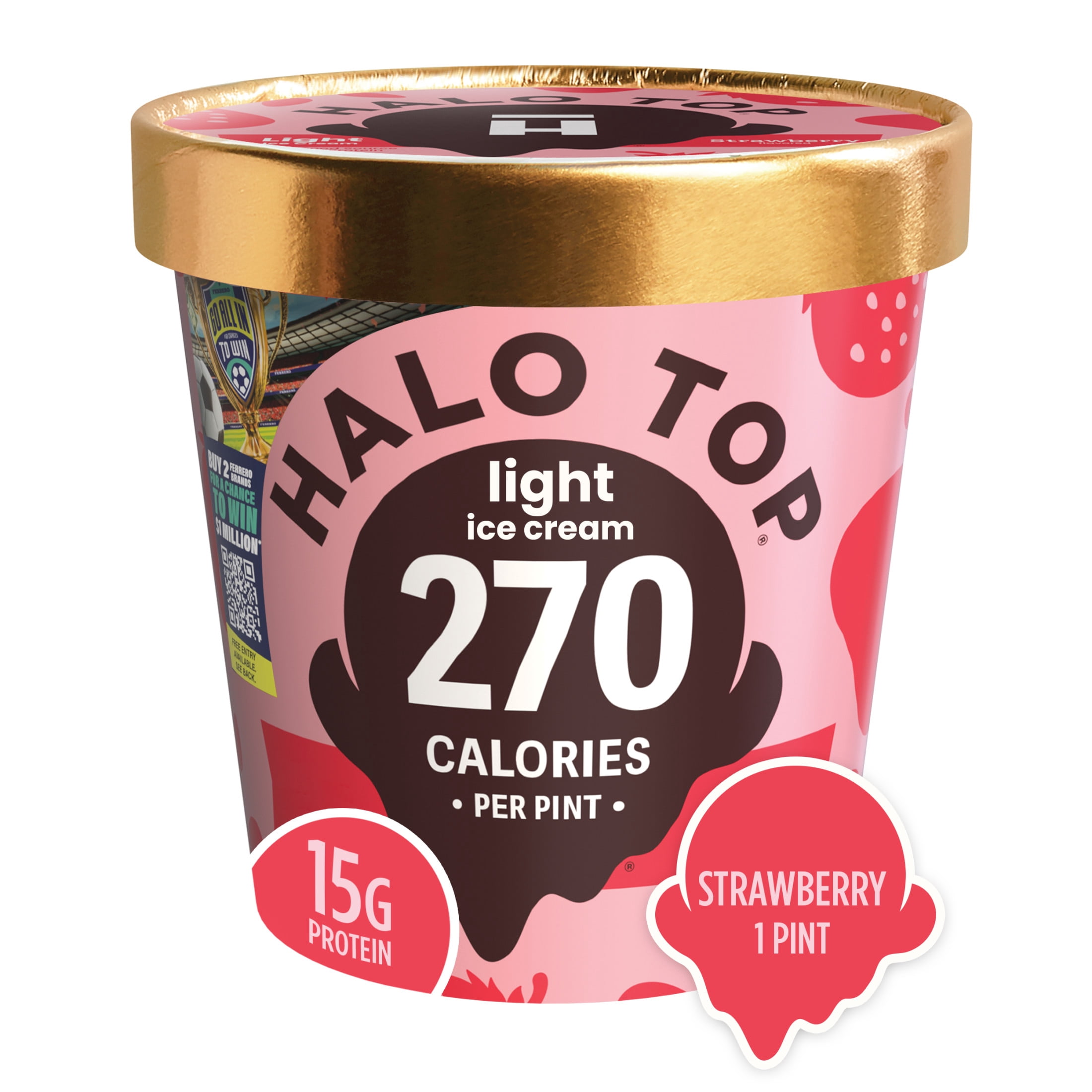 Halo Top Strawberry Flavored Light Ice Cream, With A Good Source of Protein, Lower Calorie Frozen Dessert, 16 fl oz Pint