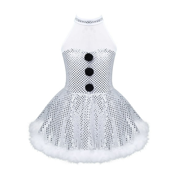 YUUMIN Kids Girls Snowman Christmas Dancing Party Dress Sequins Halter One Piece Tutu Dancewear White 16
