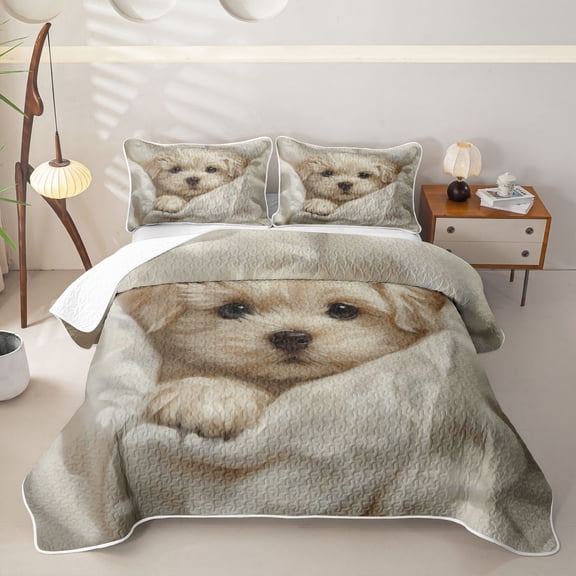 Homewish Cream Maltese Puppy Twin Quilt Set,Cartoon Pet Dog Twin Coverlet Set,White,2-Piece