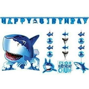 shark splash party decorations supply pack - hanging cutouts, banner, and centerpiece