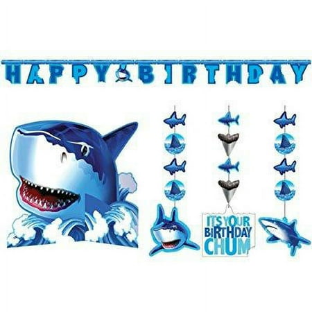 shark splash party decorations supply pack - hanging cutouts, banner, and centerpiece