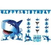 shark splash party decorations supply pack - hanging cutouts, banner, and centerpiece