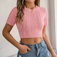 thumbnail image 2 of Fashion Olyvenn Womens Cable Knitted Crop Tee Shirts Casual Summer Short Sleeve Sweater Tops Comfy Crew Neck Cute Blouse Pink XL, 2 of 8