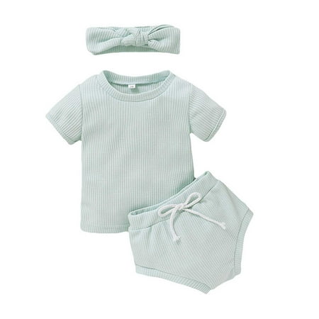 

Stamzod 6M-2Y Kids Lounge Set Set Summer Clearance 3 Piece Baby Girls Boys Sweatsuit Set French Rib Solid Color Pullover Crew Neck Short Sleeve Tops Shorts Drawstring Bow Headband Homewear
